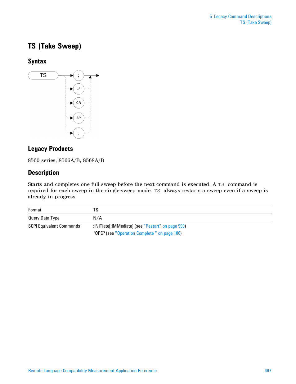 Ts (take sweep), Syntax, Legacy products | Description, Syntax legacy products | Agilent Technologies Signal Analyzer N9030a User Manual | Page 497 / 1466