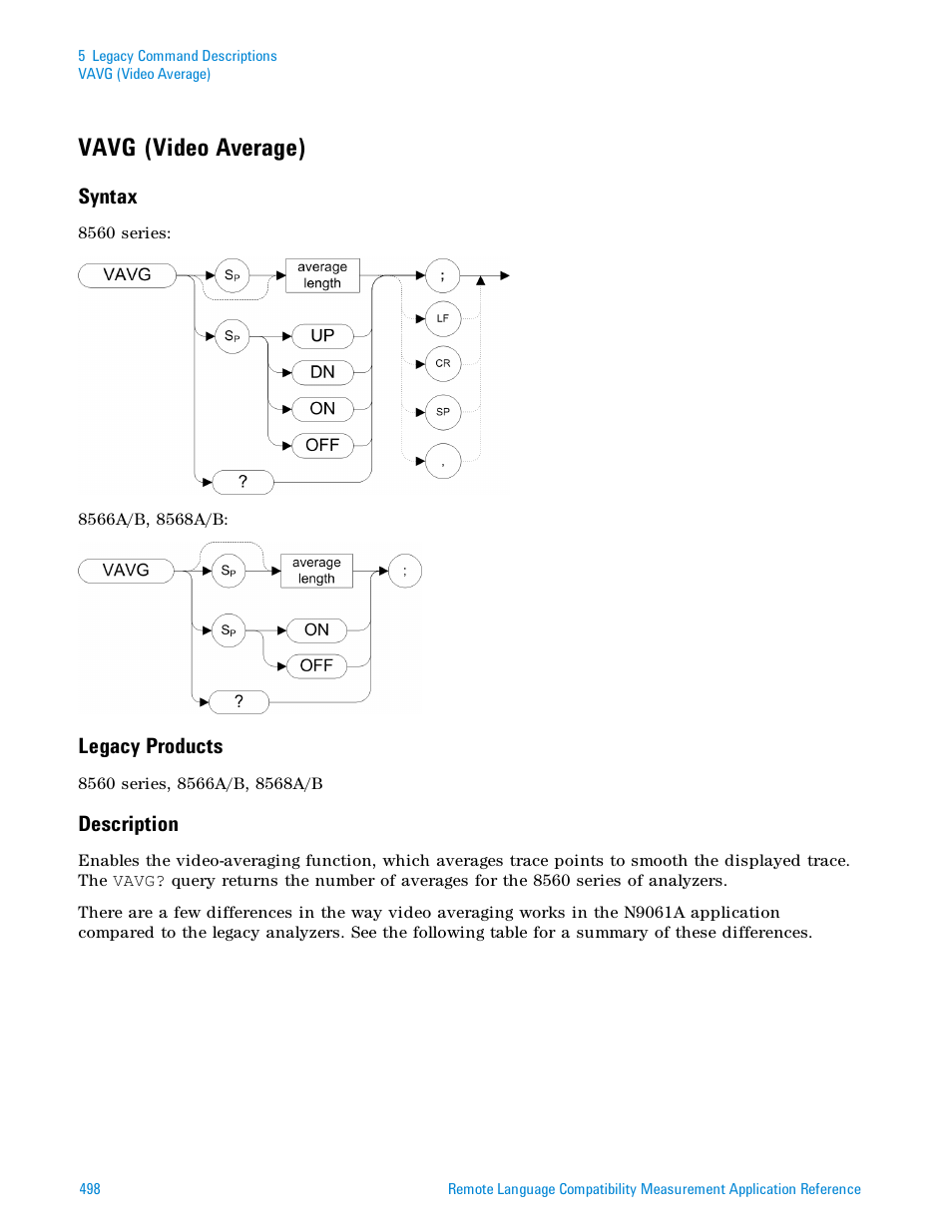 Vavg (video average), Syntax, Legacy products | Description | Agilent Technologies Signal Analyzer N9030a User Manual | Page 498 / 1466