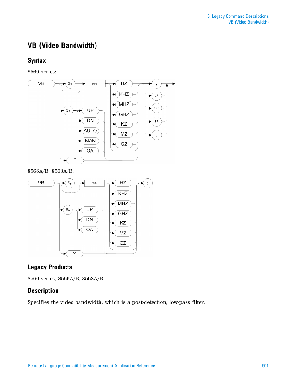 Vb (video bandwidth), Syntax, Legacy products | Description | Agilent Technologies Signal Analyzer N9030a User Manual | Page 501 / 1466