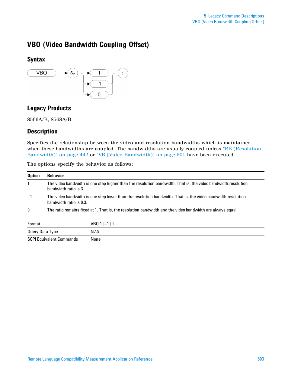 Vbo (video bandwidth coupling offset), Syntax, Legacy products | Description, Syntax legacy products | Agilent Technologies Signal Analyzer N9030a User Manual | Page 503 / 1466