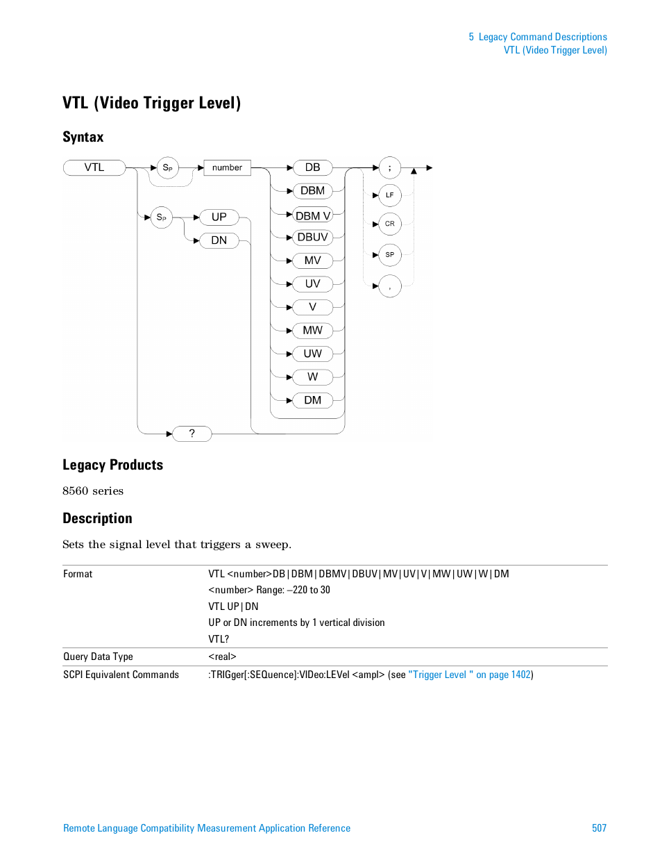 Vtl (video trigger level), Syntax, Legacy products | Description, Syntax legacy products | Agilent Technologies Signal Analyzer N9030a User Manual | Page 507 / 1466