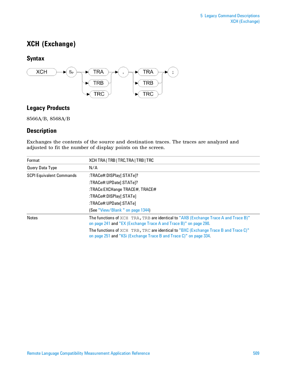 Xch (exchange), Syntax, Legacy products | Description, Xch (exchange)" on, Syntax legacy products | Agilent Technologies Signal Analyzer N9030a User Manual | Page 509 / 1466