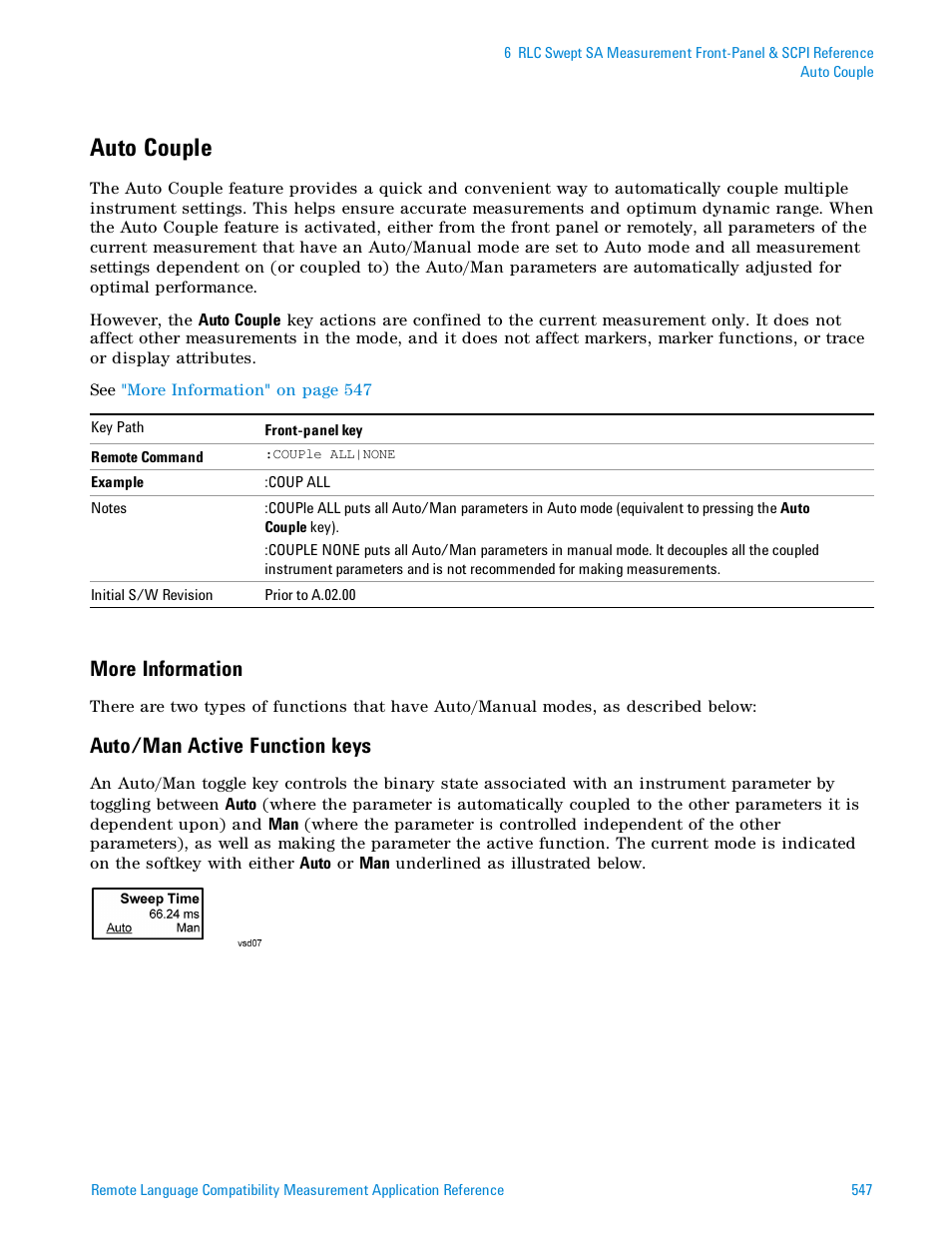 Auto couple, More information, Auto/man active function keys | Agilent Technologies Signal Analyzer N9030a User Manual | Page 547 / 1466