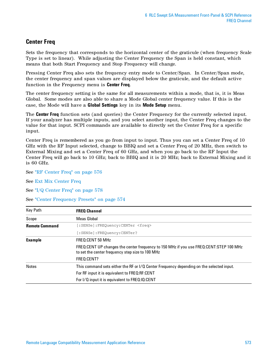 Center freq | Agilent Technologies Signal Analyzer N9030a User Manual | Page 573 / 1466