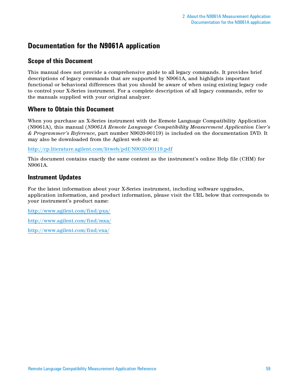 Documentation for the n9061a application, Scope of this document, Where to obtain this document | Instrument updates | Agilent Technologies Signal Analyzer N9030a User Manual | Page 59 / 1466