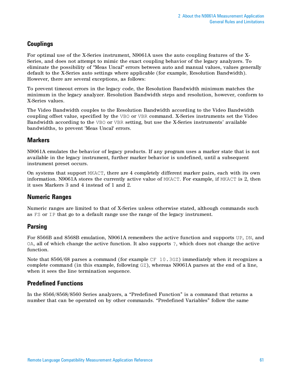 Couplings, Markers, Numeric ranges | Parsing, Predefined functions | Agilent Technologies Signal Analyzer N9030a User Manual | Page 61 / 1466