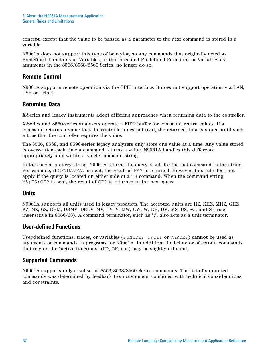 Remote control, Returning data, Units | User-defined functions, Supported commands | Agilent Technologies Signal Analyzer N9030a User Manual | Page 62 / 1466