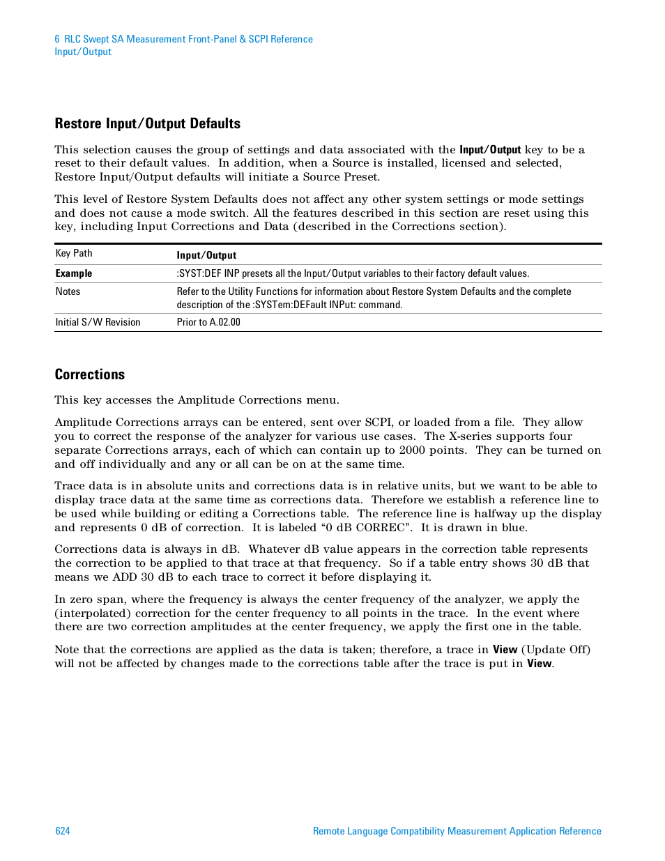 Restore input/output defaults, Corrections | Agilent Technologies Signal Analyzer N9030a User Manual | Page 624 / 1466