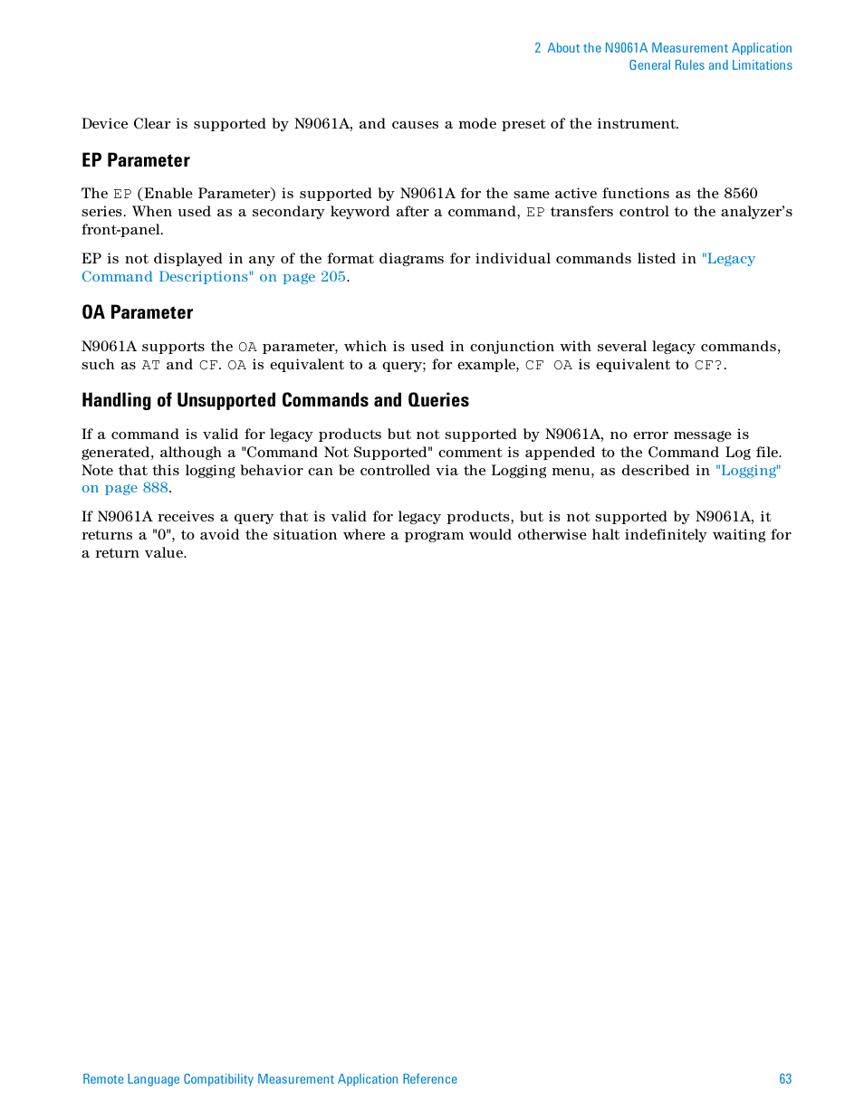 Ep parameter, Oa parameter, Handling of unsupported commands and queries | Agilent Technologies Signal Analyzer N9030a User Manual | Page 63 / 1466