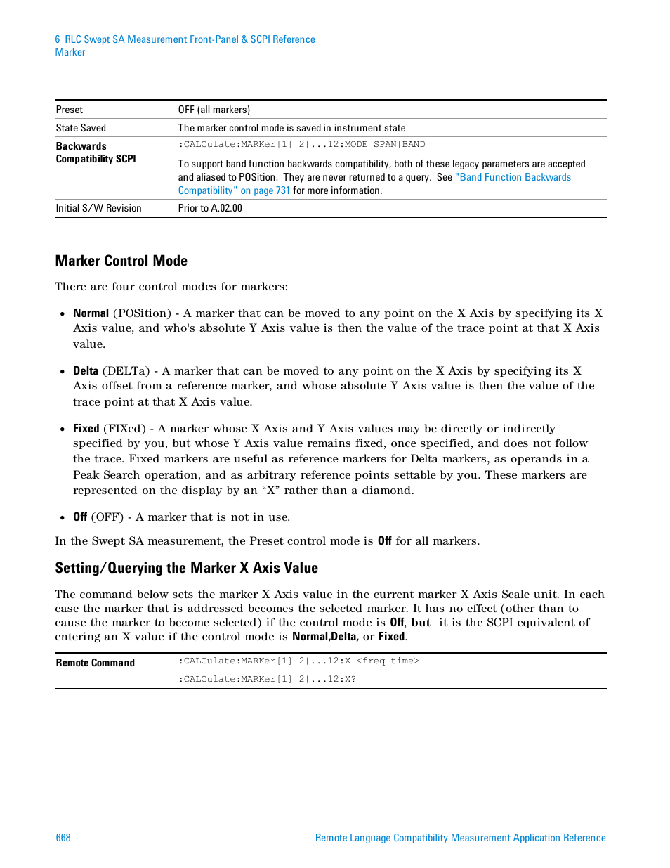 Marker control mode, Setting/querying the marker x axis value | Agilent Technologies Signal Analyzer N9030a User Manual | Page 668 / 1466