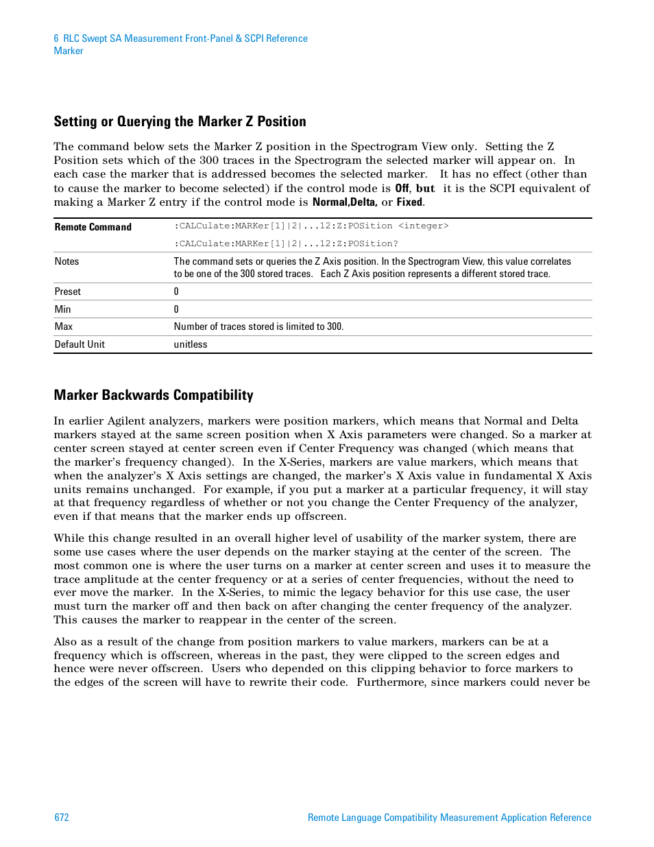 Setting or querying the marker z position, Marker backwards compatibility | Agilent Technologies Signal Analyzer N9030a User Manual | Page 672 / 1466