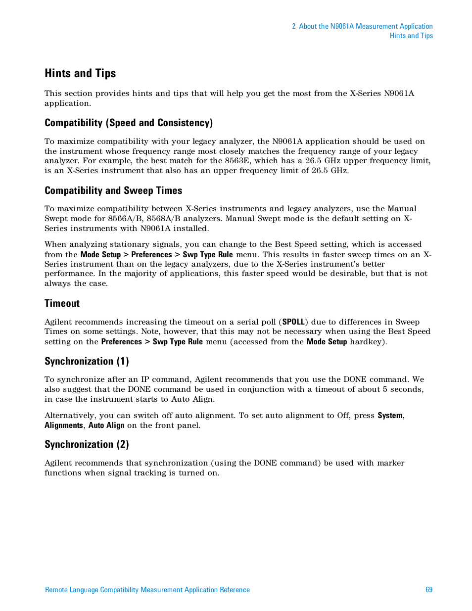 Hints and tips, Compatibility (speed and consistency), Compatibility and sweep times | Timeout, Synchronization (1), Synchronization (2) | Agilent Technologies Signal Analyzer N9030a User Manual | Page 69 / 1466