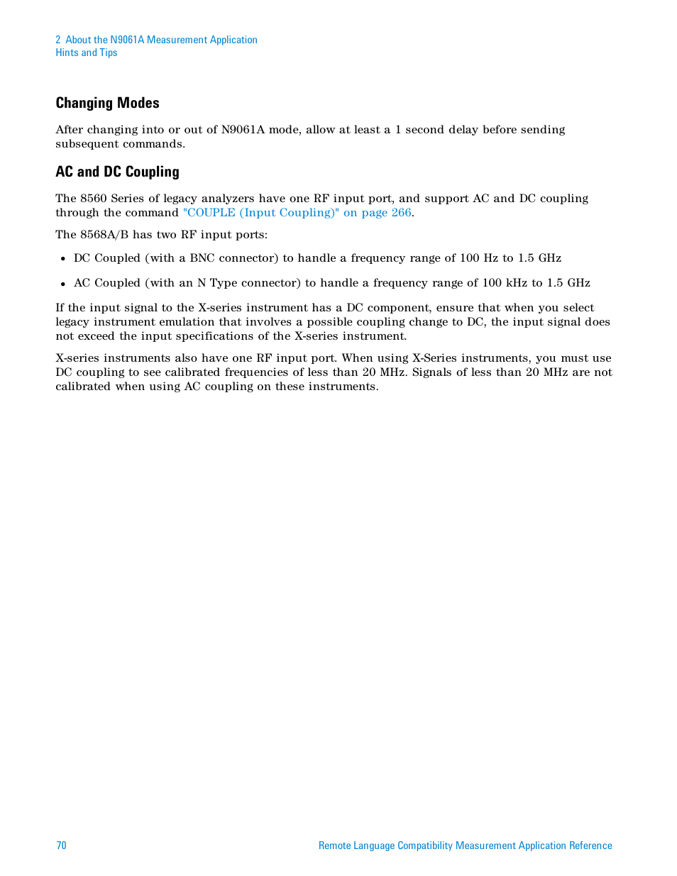 Changing modes, Ac and dc coupling | Agilent Technologies Signal Analyzer N9030a User Manual | Page 70 / 1466