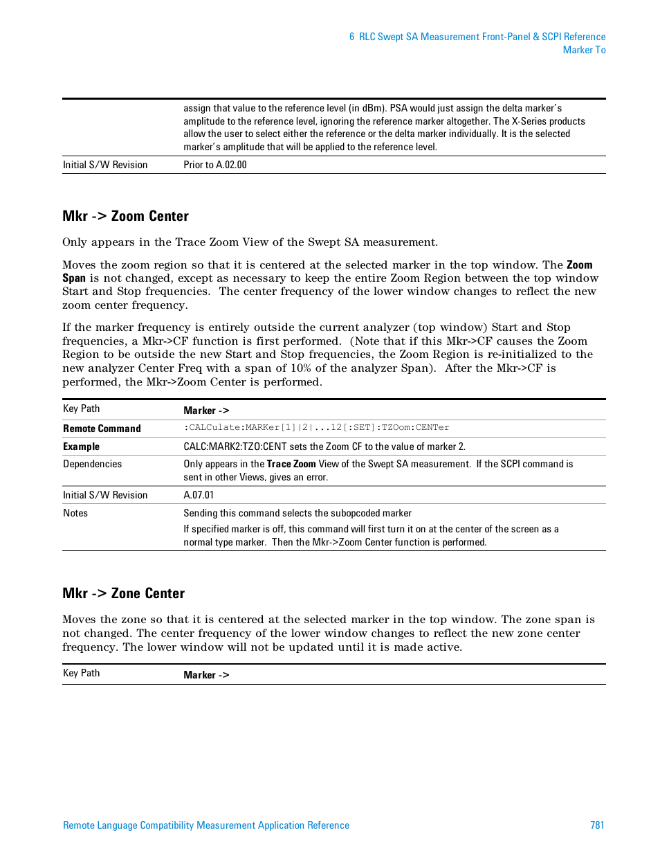 Mkr -> zoom center, Mkr -> zone center | Agilent Technologies Signal Analyzer N9030a User Manual | Page 781 / 1466