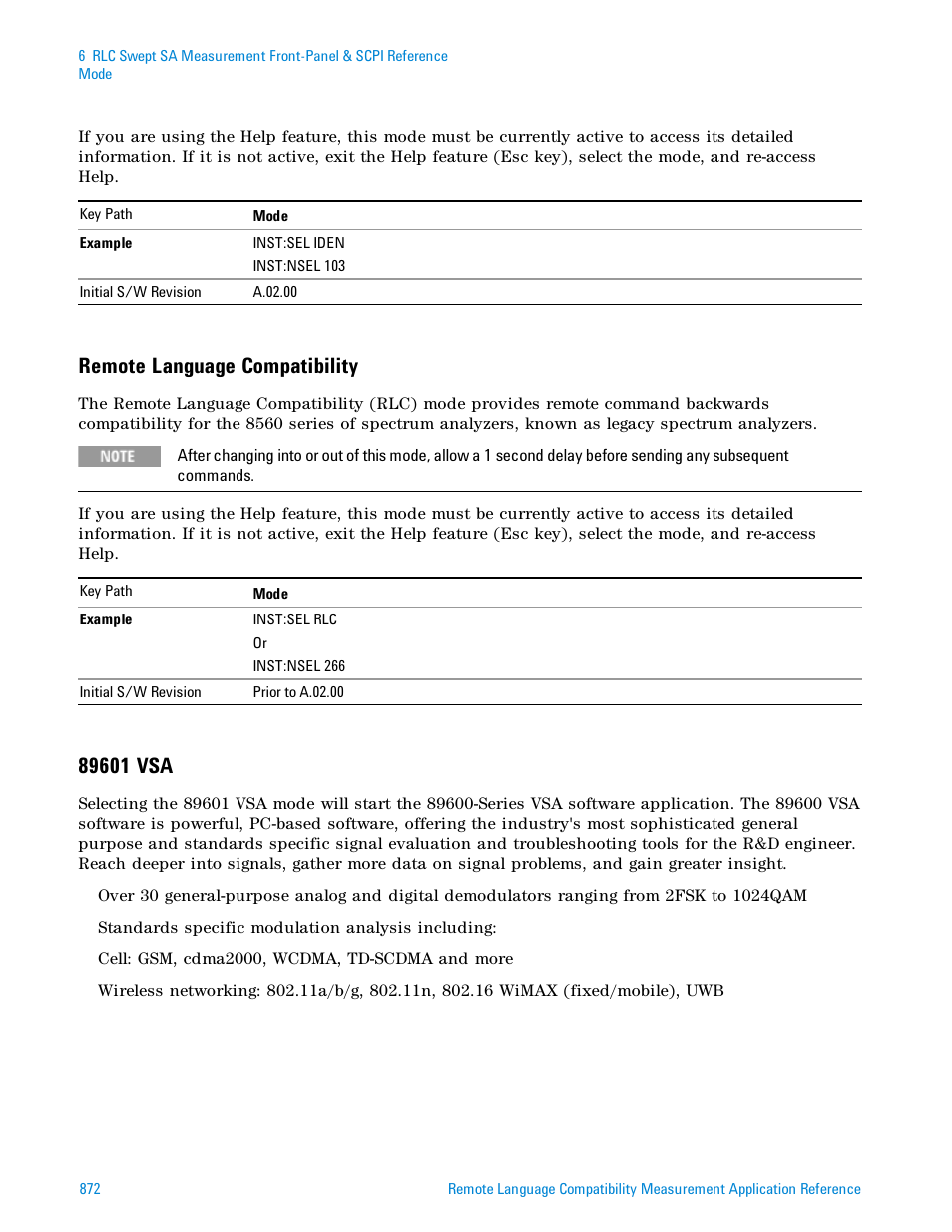 Remote language compatibility, 89601 vsa | Agilent Technologies Signal Analyzer N9030a User Manual | Page 872 / 1466