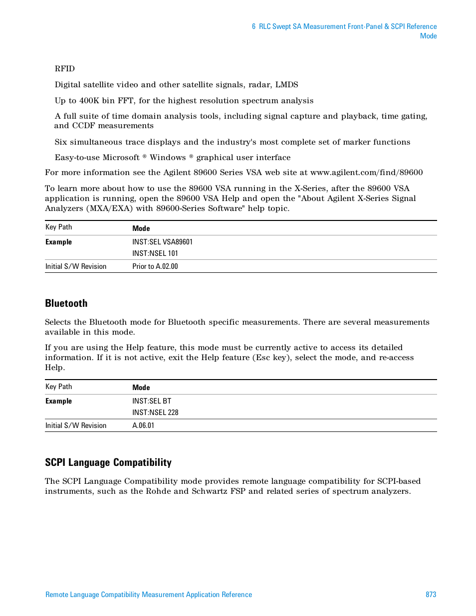 Bluetooth, Scpi language compatibility | Agilent Technologies Signal Analyzer N9030a User Manual | Page 873 / 1466