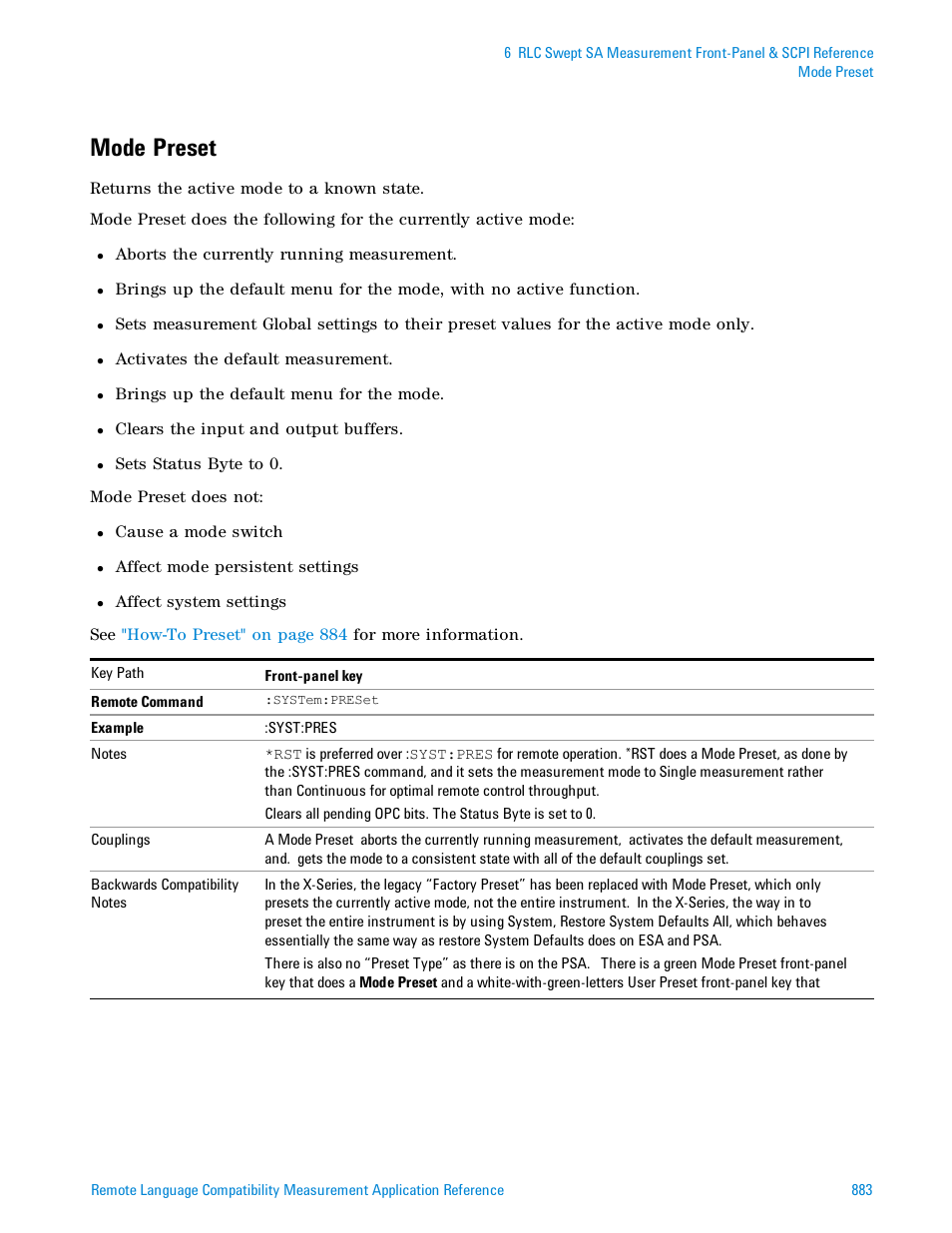 Mode preset | Agilent Technologies Signal Analyzer N9030a User Manual | Page 883 / 1466