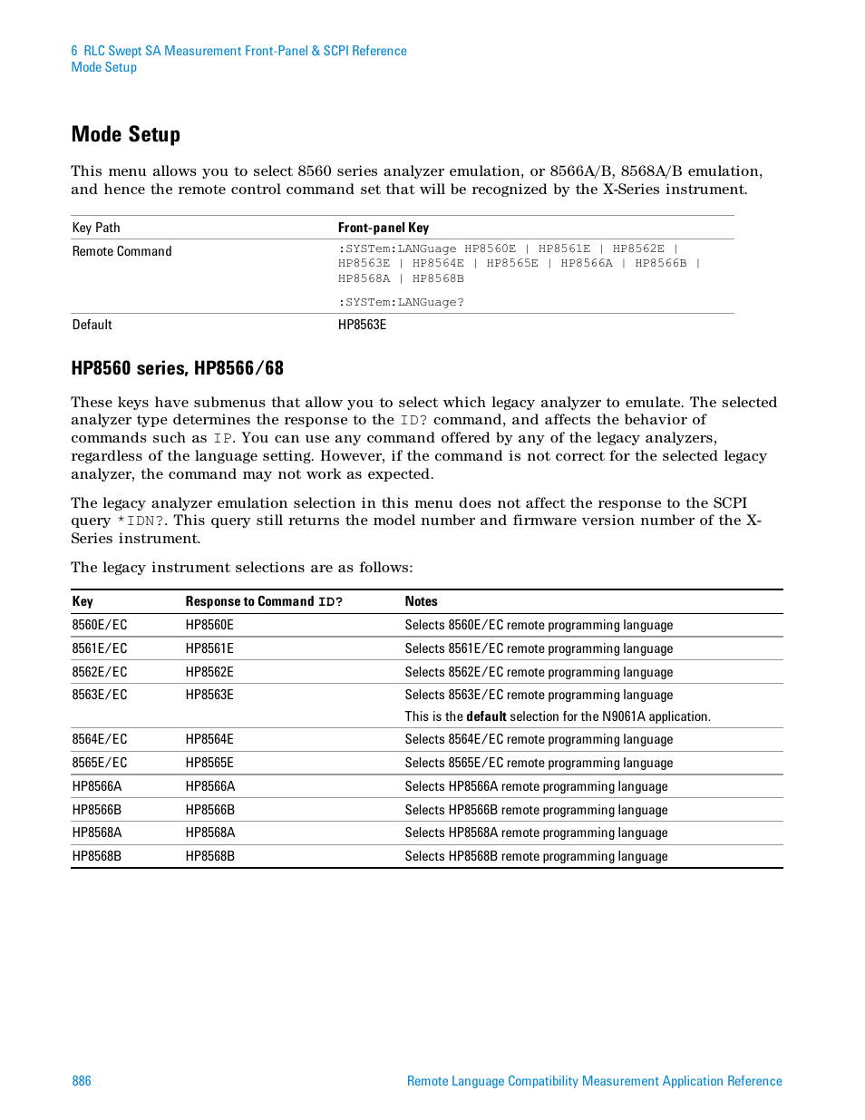 Mode setup, Hp8560 series, hp8566/68 | Agilent Technologies Signal Analyzer N9030a User Manual | Page 886 / 1466