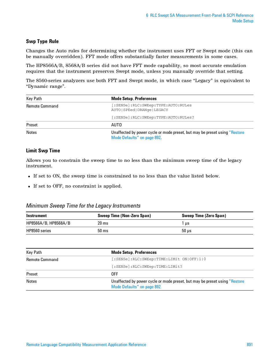 Minimum sweep time for the legacy instruments | Agilent Technologies Signal Analyzer N9030a User Manual | Page 891 / 1466