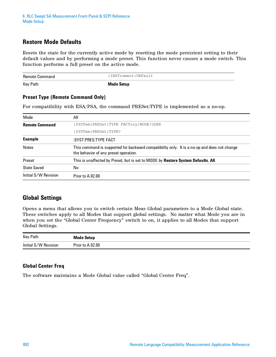 Restore mode defaults, Global settings, Restore | Agilent Technologies Signal Analyzer N9030a User Manual | Page 892 / 1466