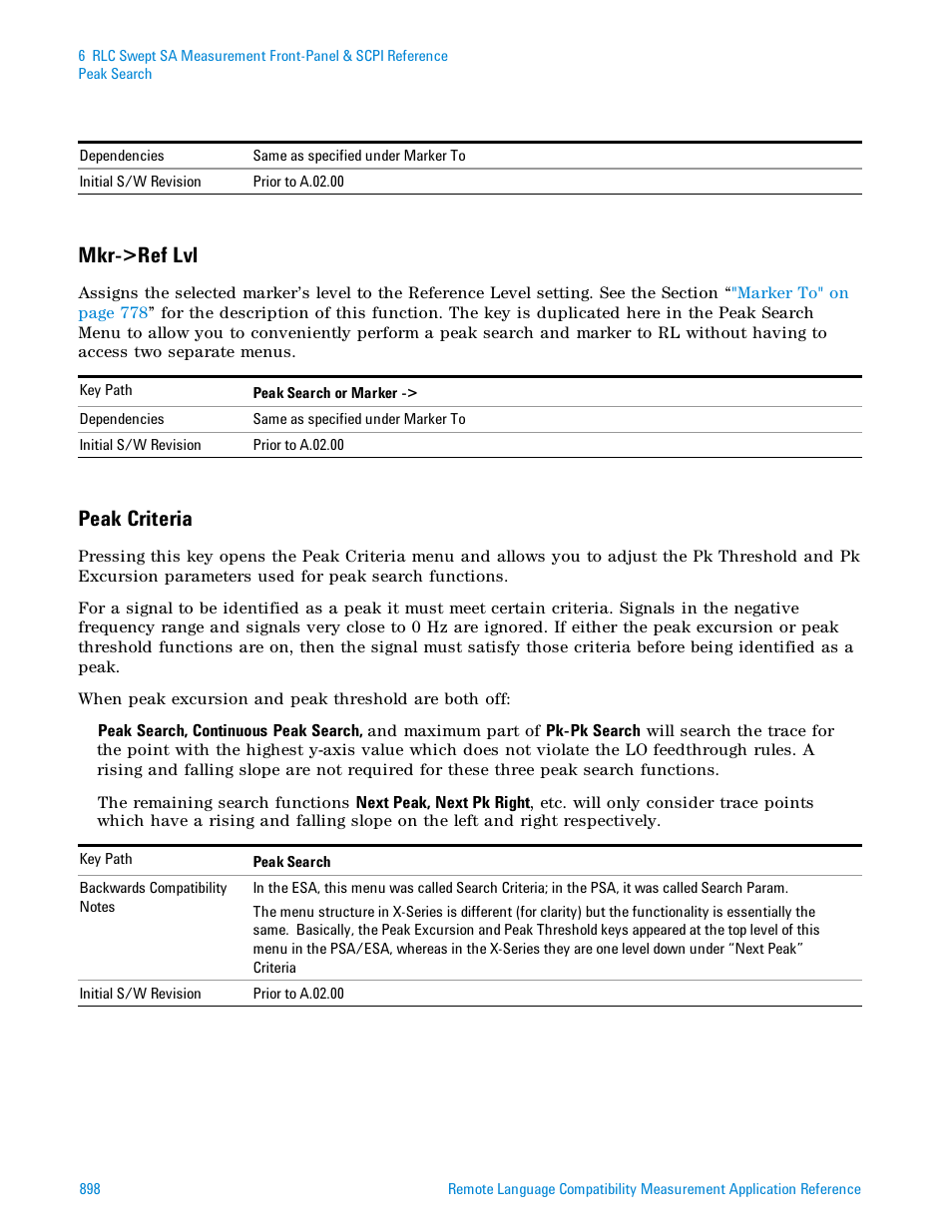 Mkr->ref lvl, Peak criteria | Agilent Technologies Signal Analyzer N9030a User Manual | Page 898 / 1466