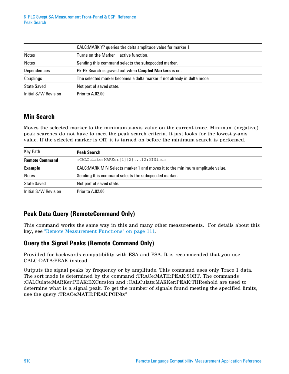 Min search, Peak data query (remotecommand only), Query the signal peaks (remote command only) | Agilent Technologies Signal Analyzer N9030a User Manual | Page 910 / 1466