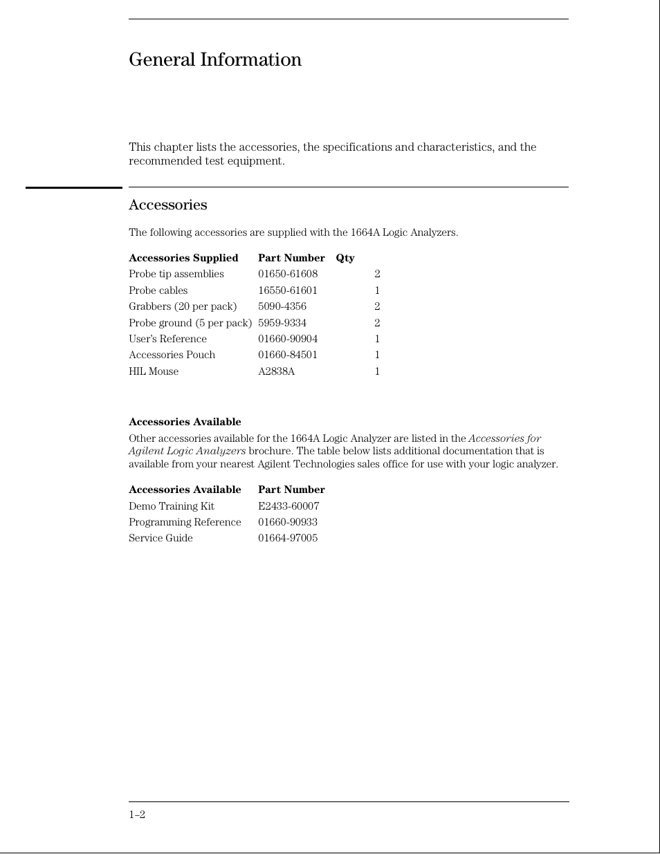 General information, Accessories | Agilent Technologies 01664-97005 User Manual | Page 10 / 164