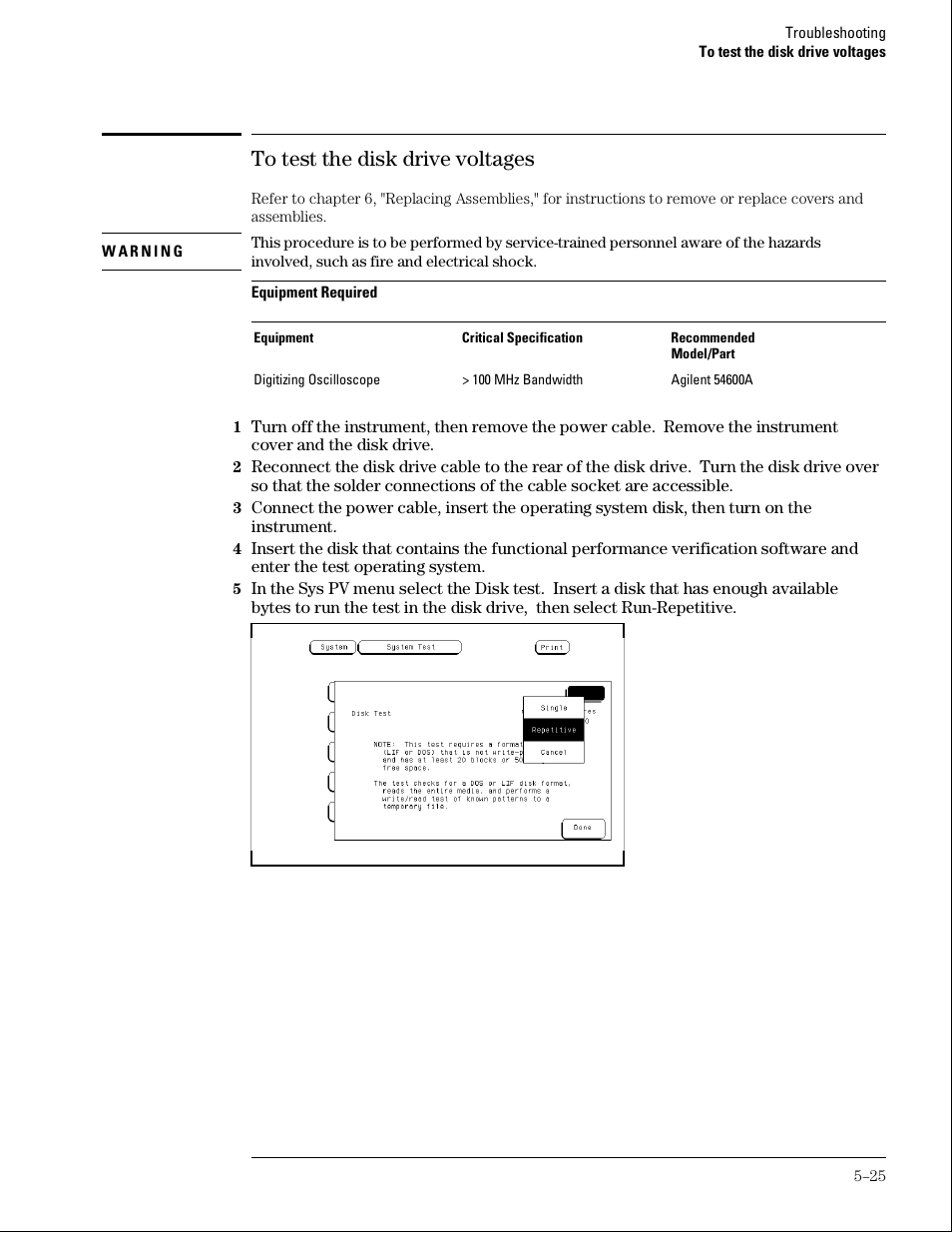To test the disk drive voltages | Agilent Technologies 01664-97005 User Manual | Page 113 / 164