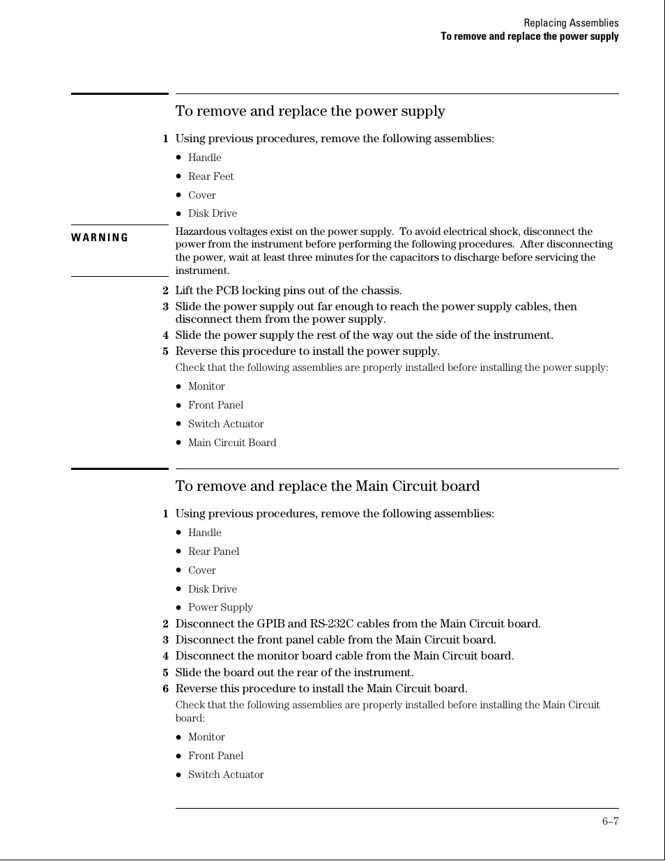 To remove and replace the power supply, To remove and replace the main circuit board | Agilent Technologies 01664-97005 User Manual | Page 127 / 164