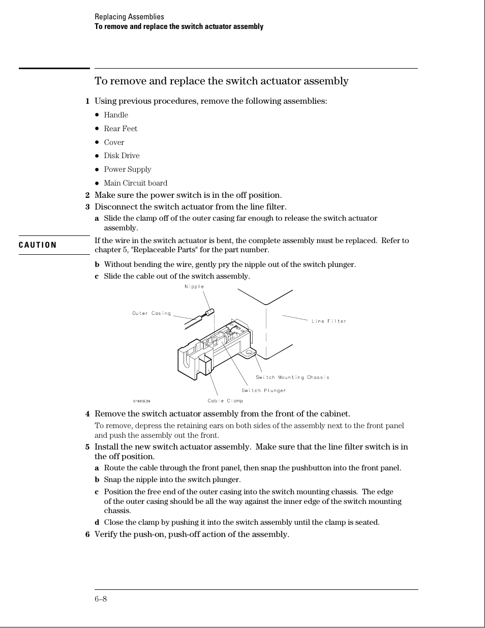 To remove and replace the switch actuator assembly | Agilent Technologies 01664-97005 User Manual | Page 128 / 164