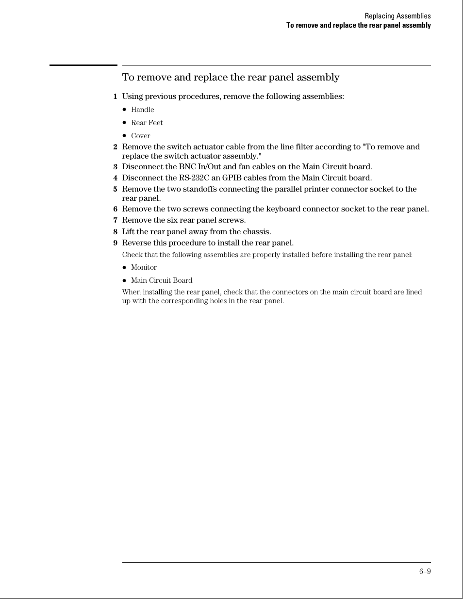 To remove and replace the rear pane assembly | Agilent Technologies 01664-97005 User Manual | Page 129 / 164