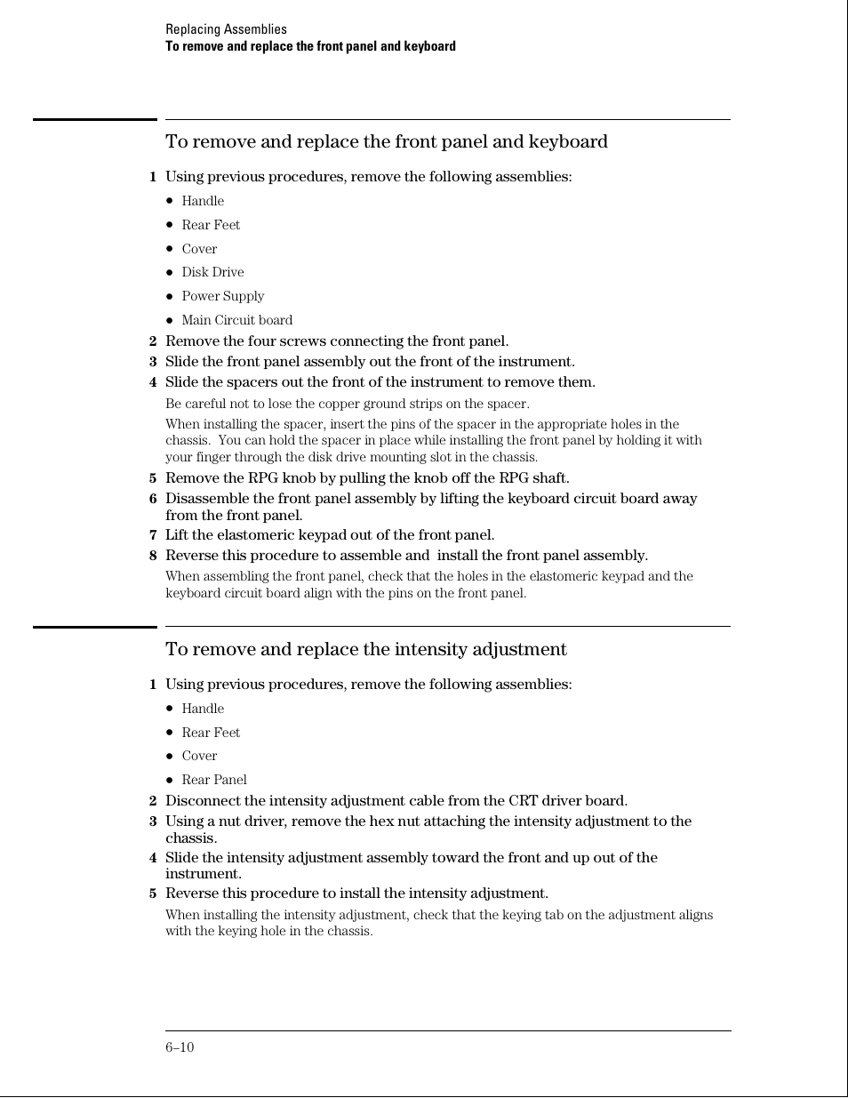 To remove and replace the front panel and keyboard, To remove and replace the intensity adjustment | Agilent Technologies 01664-97005 User Manual | Page 130 / 164
