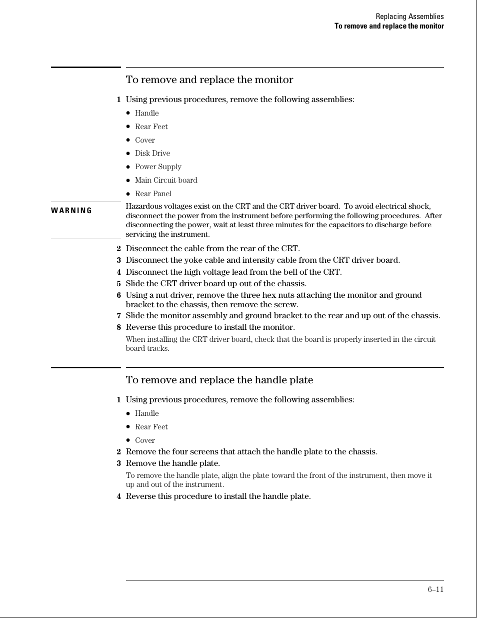 To remove and replace the monitor, To remove and replace the handle plate | Agilent Technologies 01664-97005 User Manual | Page 131 / 164