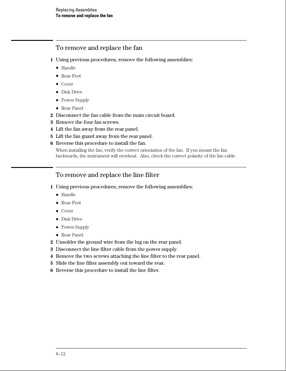 To remove and replace the fan, To remove and replace the line filter | Agilent Technologies 01664-97005 User Manual | Page 132 / 164