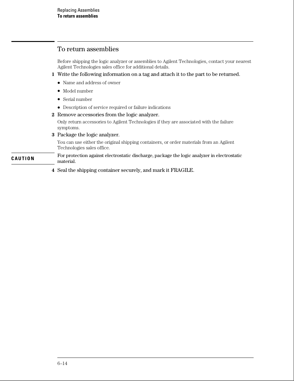 To return assemblies | Agilent Technologies 01664-97005 User Manual | Page 134 / 164