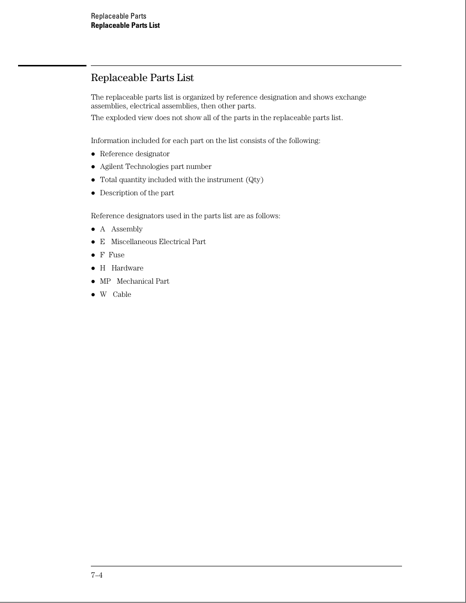 Replaceable parts list | Agilent Technologies 01664-97005 User Manual | Page 138 / 164
