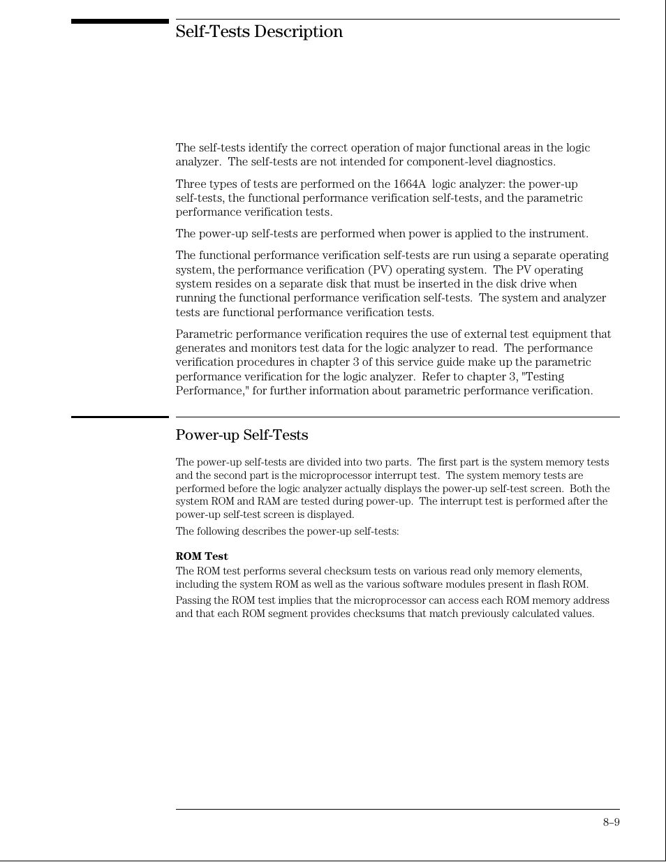 Self-tests description, Power-up self-tests | Agilent Technologies 01664-97005 User Manual | Page 151 / 164