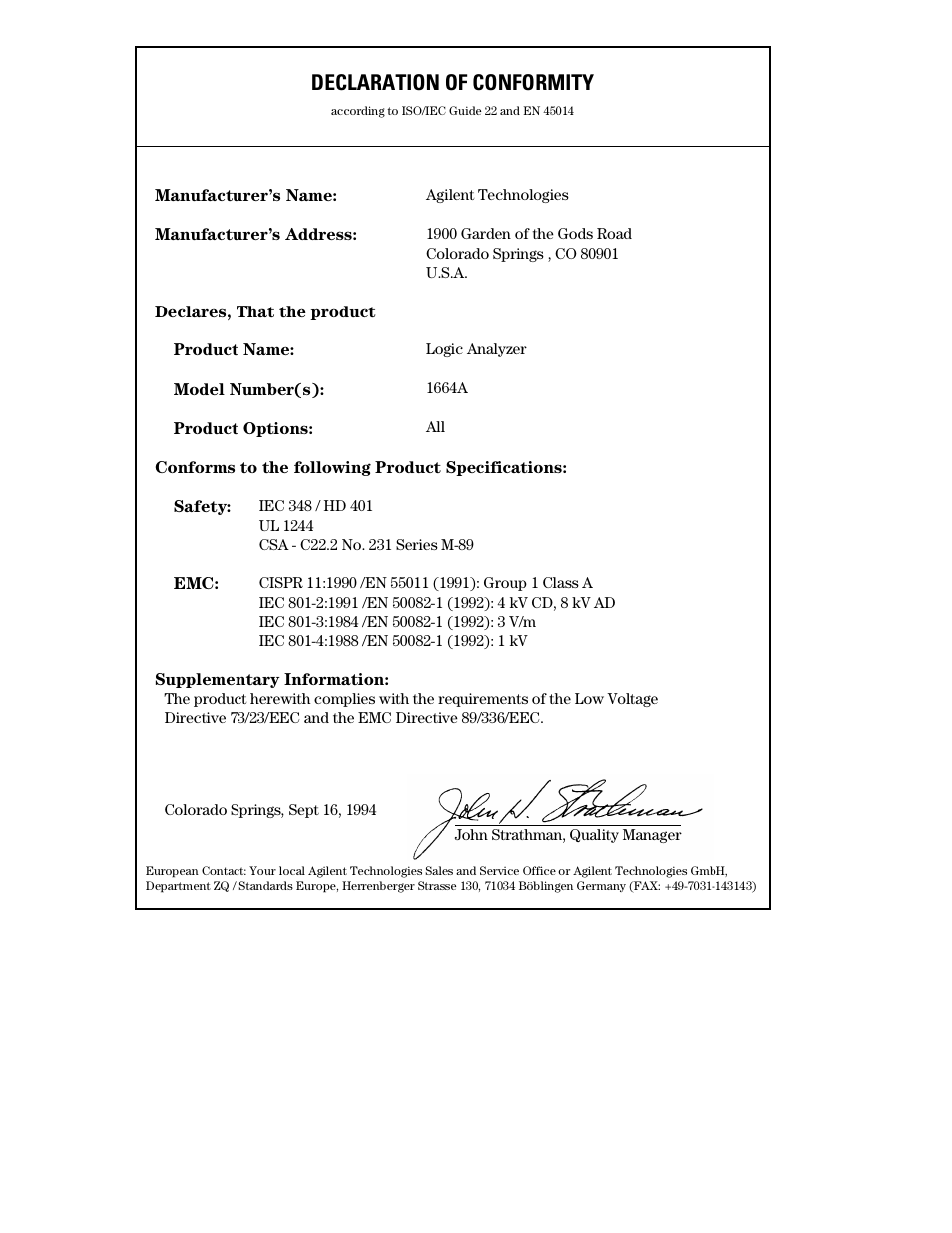 Declaration of conformity | Agilent Technologies 01664-97005 User Manual | Page 161 / 164