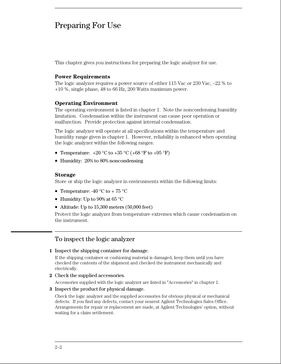 Preparing for use, To inspect the logic analyzer | Agilent Technologies 01664-97005 User Manual | Page 18 / 164