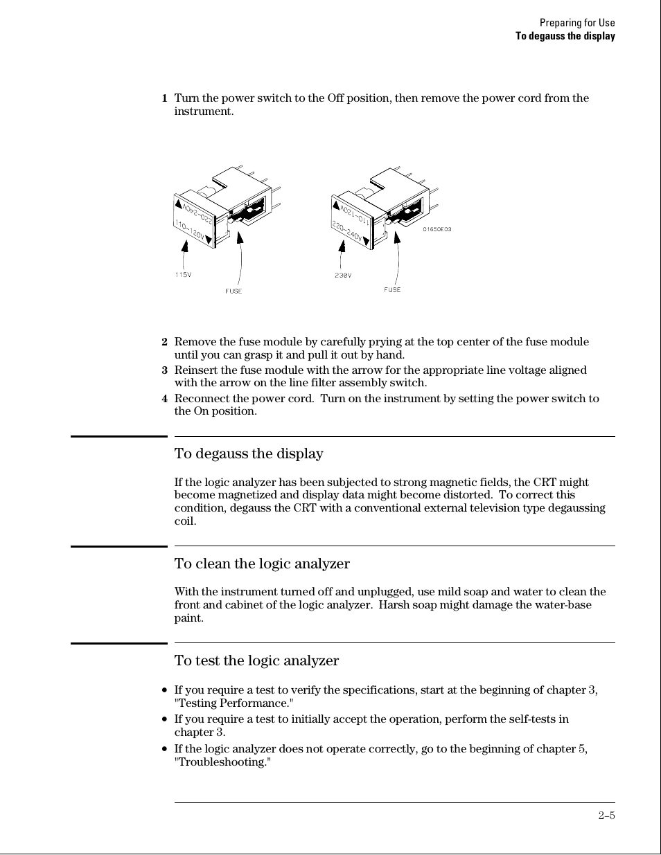 To degauss the display, To clean the logic analyzer, To test the logic analyzer | Agilent Technologies 01664-97005 User Manual | Page 21 / 164