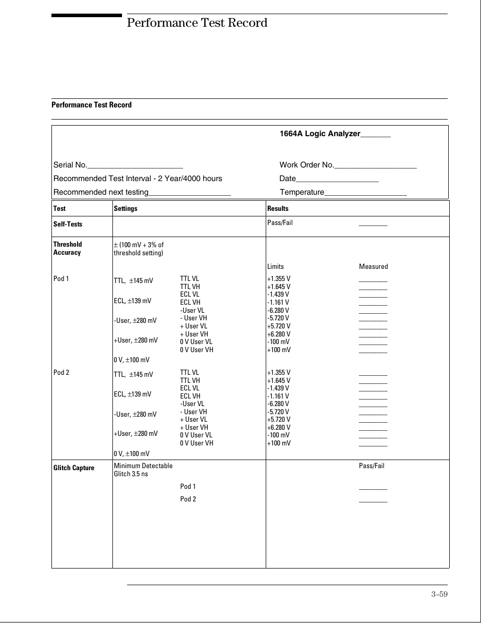Performance test record | Agilent Technologies 01664-97005 User Manual | Page 81 / 164