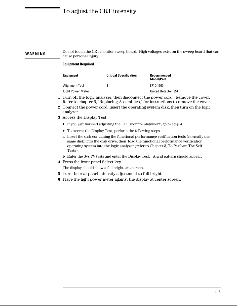 To adjust the crt intensity | Agilent Technologies 01664-97005 User Manual | Page 87 / 164