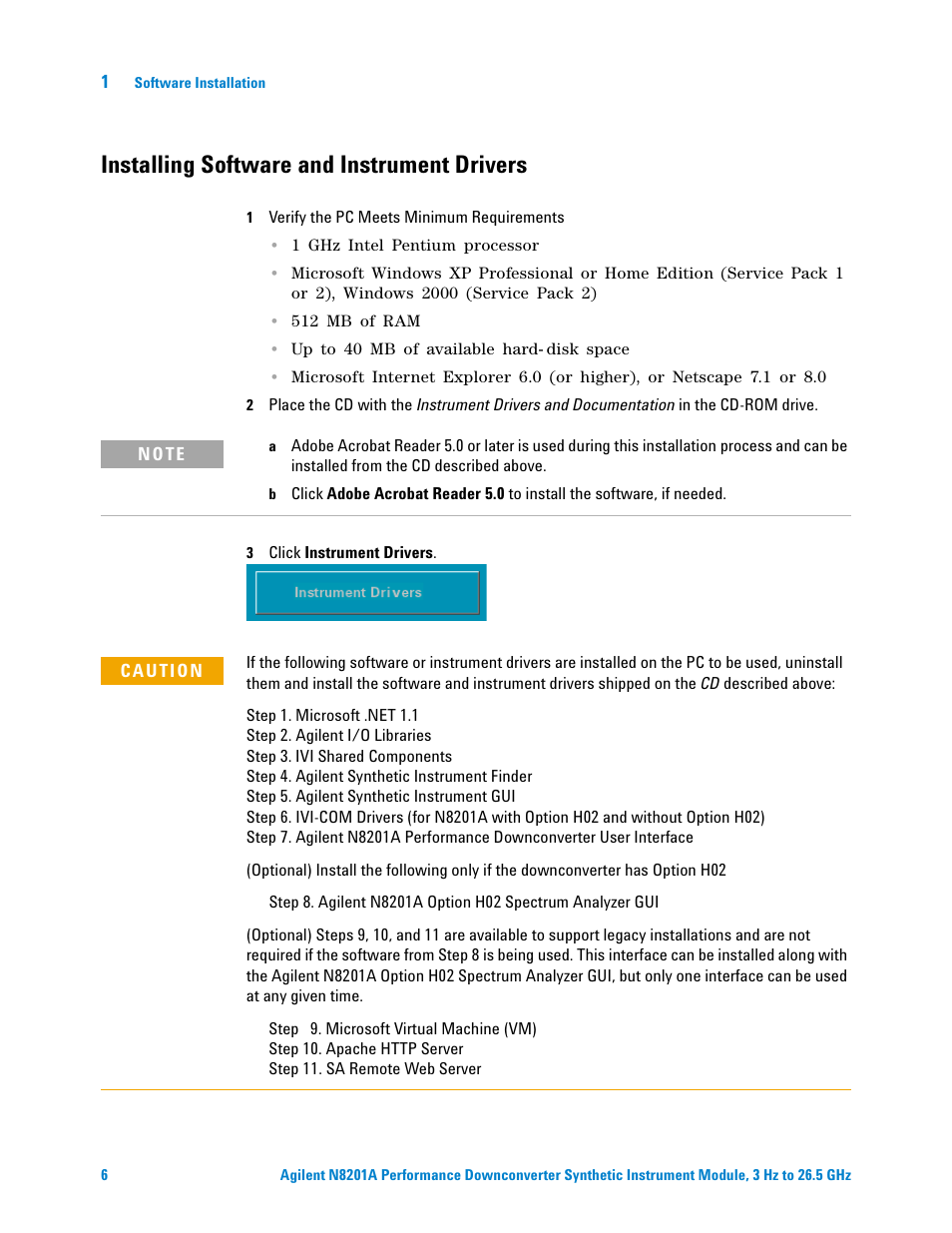 Installing software and instrument drivers, Verify the pc meets minimum requirements | Agilent Technologies N8201A User Manual | Page 10 / 122