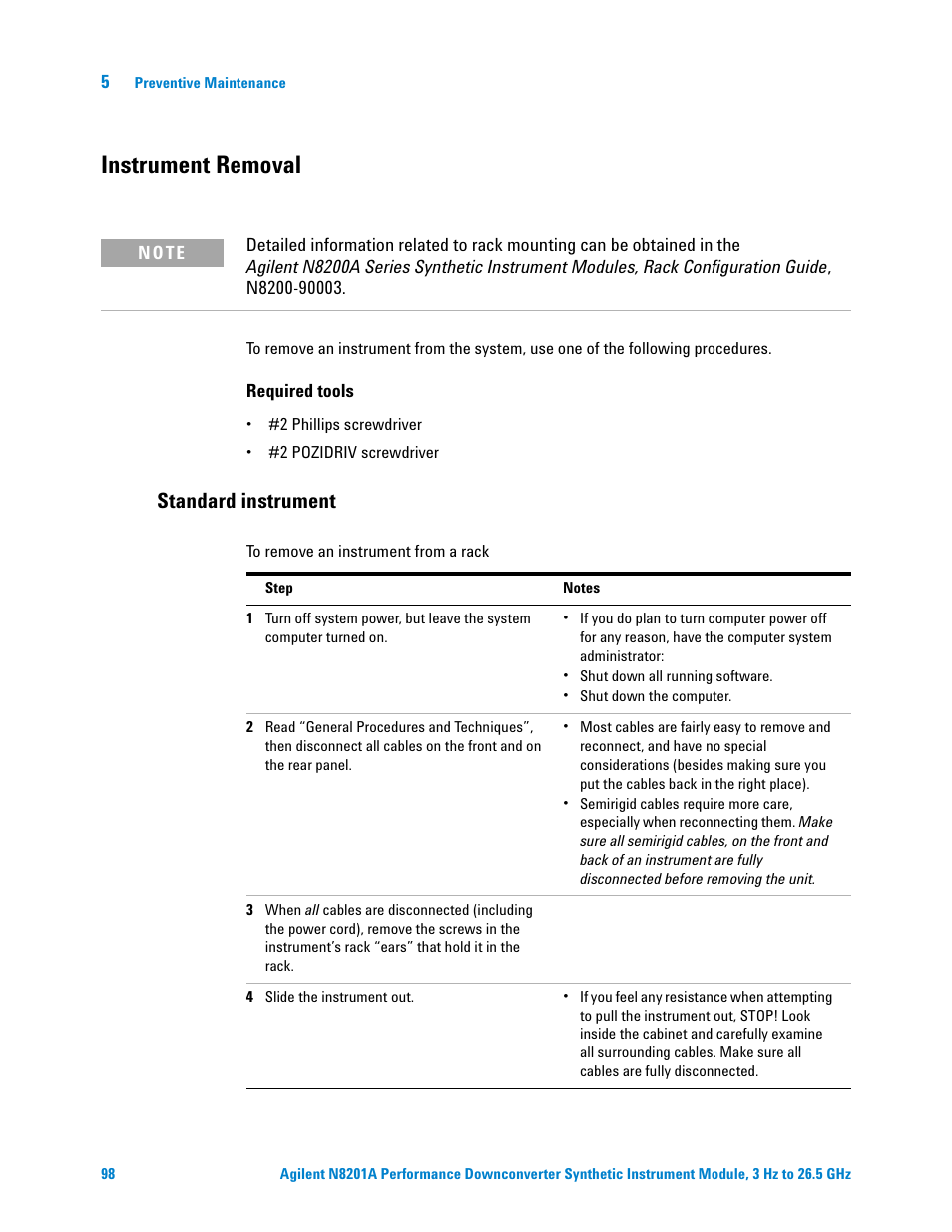 Instrument removal, Standard instrument | Agilent Technologies N8201A User Manual | Page 102 / 122