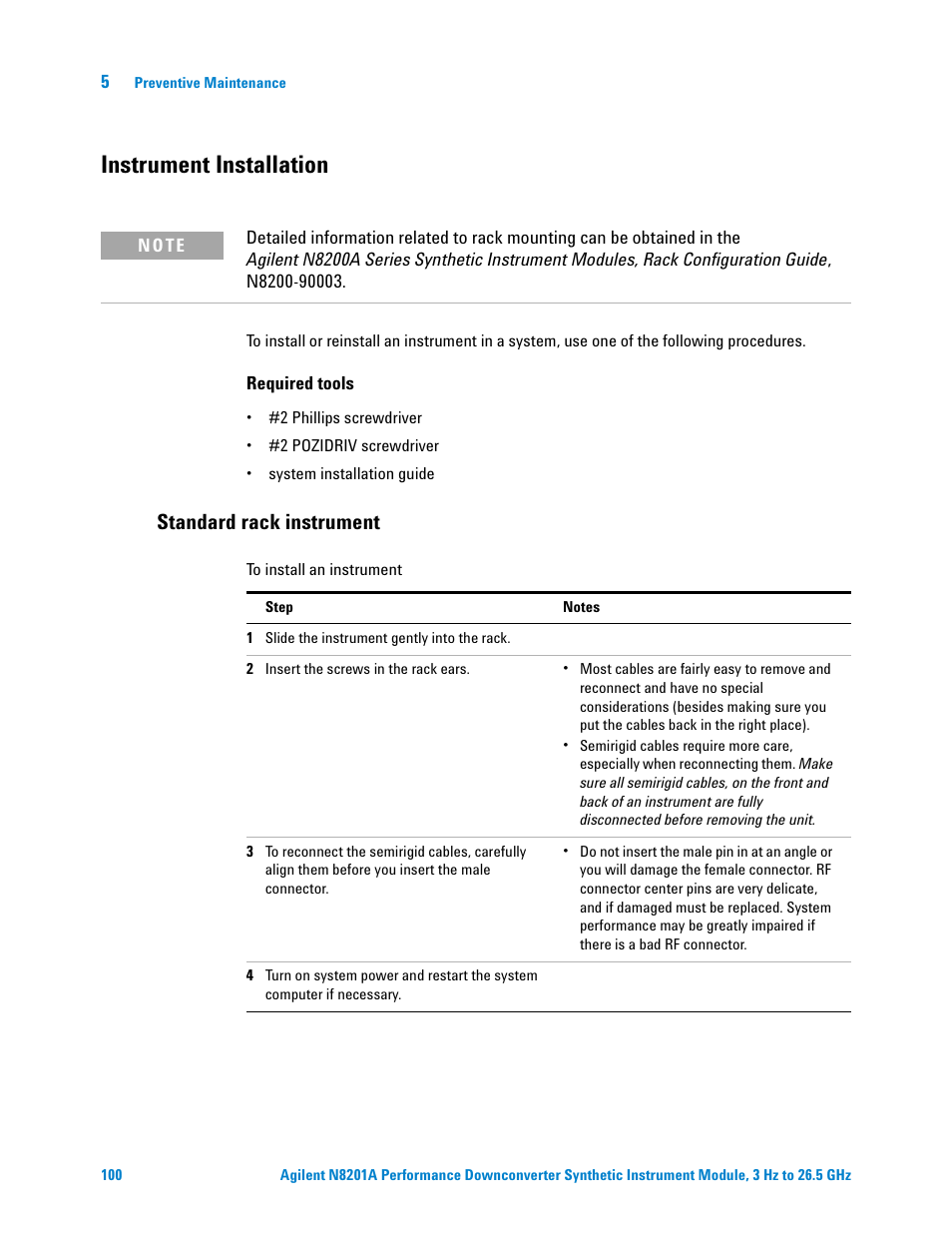 Instrument installation, Standard rack instrument | Agilent Technologies N8201A User Manual | Page 104 / 122