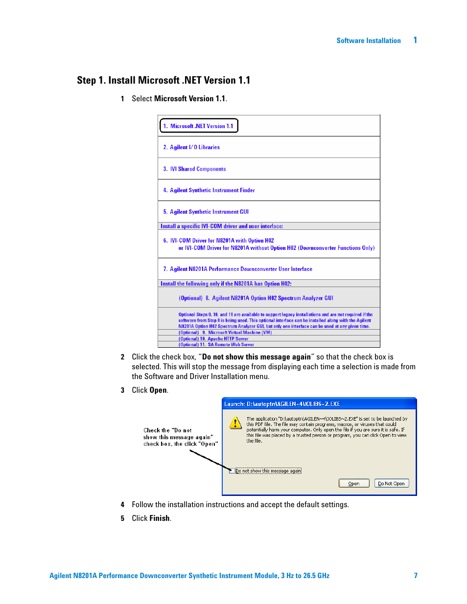 Step 1. install microsoft .net version 1.1 | Agilent Technologies N8201A User Manual | Page 11 / 122