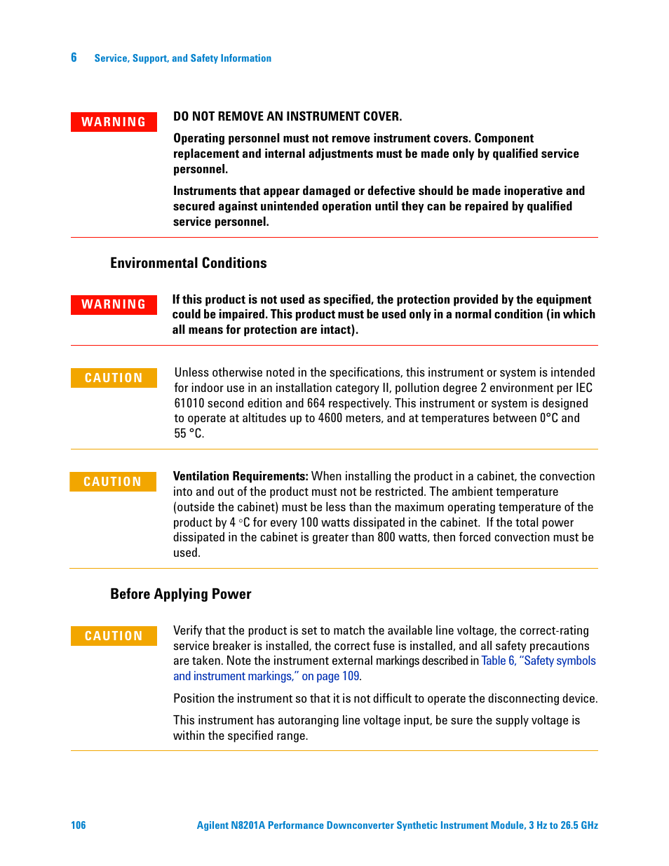 Environmental conditions, Before applying power | Agilent Technologies N8201A User Manual | Page 110 / 122