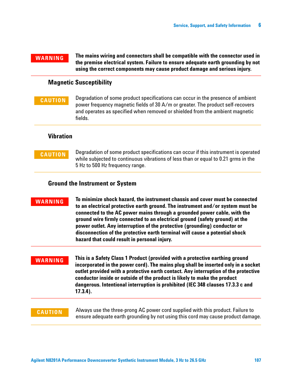 Magnetic susceptibility, Vibration, Ground the instrument or system | Agilent Technologies N8201A User Manual | Page 111 / 122