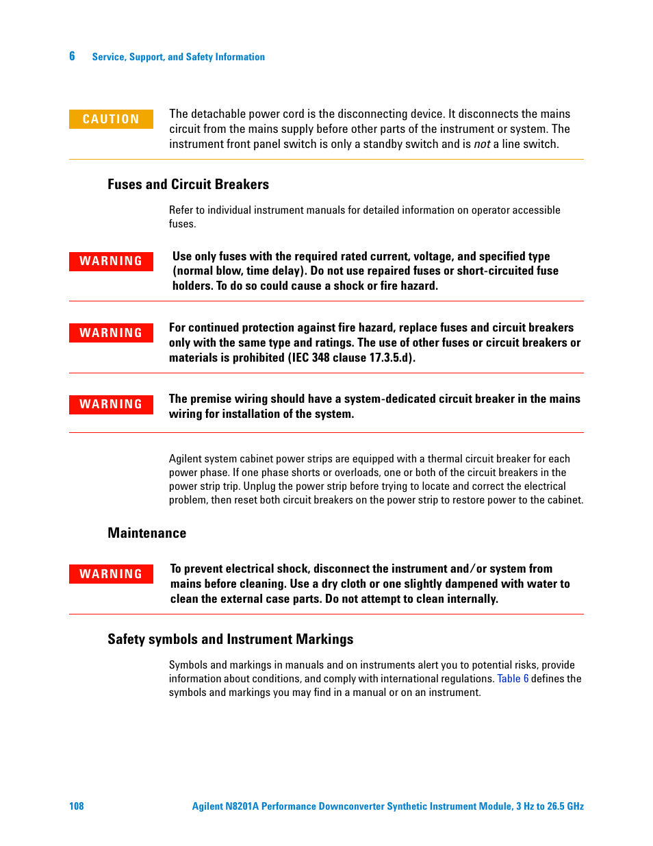 Fuses and circuit breakers, Maintenance, Safety symbols and instrument markings | Agilent Technologies N8201A User Manual | Page 112 / 122