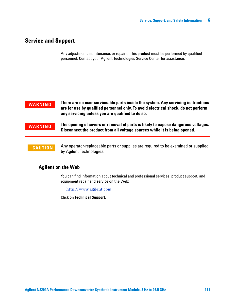 Service and support, Agilent on the web | Agilent Technologies N8201A User Manual | Page 115 / 122